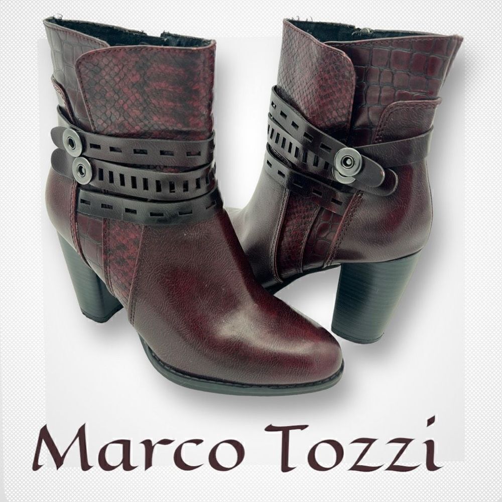 Marco Tozzi Boots Women's 37 US 6.5 Strappy Side Zipper Burgundy Ankle Boots